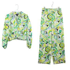 Rachel Zoe Retro Inspired Floral Print 2 PC Top & Pants Set Small Satin Wide Leg